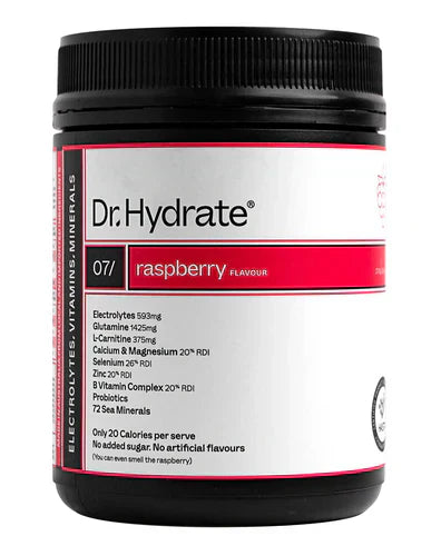 DR HYDRATE electrolytes drink mix jar with raspberry flavor, featuring a white container and colorful label.