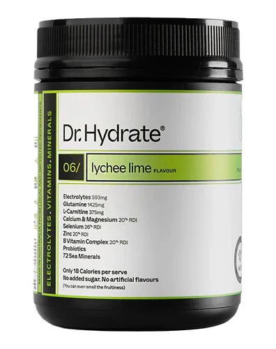 DR HYDRATE electrolytes tub with lychee lime flavor, showing the product packaging and branding on a clean background.