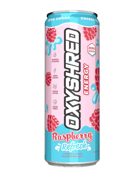 EHP LABS OxyShred Ultra Energy Can with Raspberry Refresh flavor, 355ml, featuring vibrant raspberry and energy drink design.