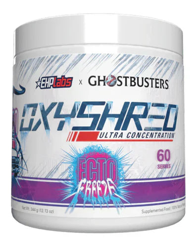 EHP LABS OXYSHRED fat burner supplement container with label featuring Ghostbusters Ecto-Freeze design on a white background