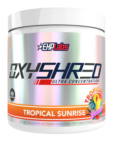 EHP LABS OXYSHRED Tropical Sunrise supplement container with vibrant label, showcasing EHP LABS branding and tropical-themed design.