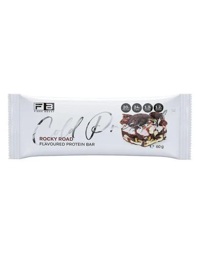 Fibre Boost Protein Bar in Rocky Road flavor, showing the chocolate and nut-filled bar with textured surface.