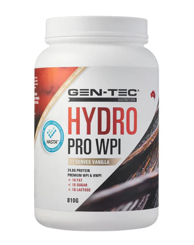 GENTEC Hydro Pro WPI vanilla protein powder in 810g container, showing the product label and packaging.