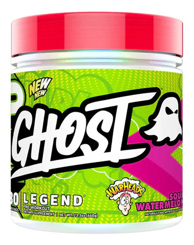 GHOST LEGEND V4 pre-workout supplement with sour watermelon flavor, featuring warheads design on the container label.