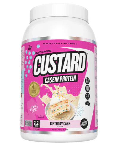 Muscle Nation Custard protein supplement in birthday cake flavor, showing the container with the label and product branding.