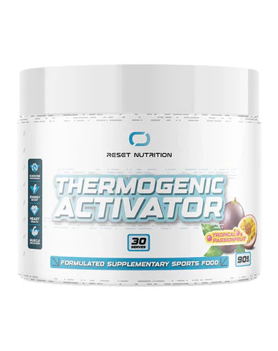 Reset Nutrition Thermogenic Activator in tropical passionfruit flavor, showing the supplement container with vibrant label design.