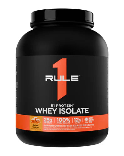 Rule 1 Protein Isolate in Salted Caramel flavor, 5lb container, showing the front label and packaging of the protein powder.
