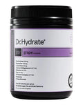 Jar of DR HYDRATE electrolyte powder in grape flavor, showing the DR HYDRATE branding and purple-colored packaging.