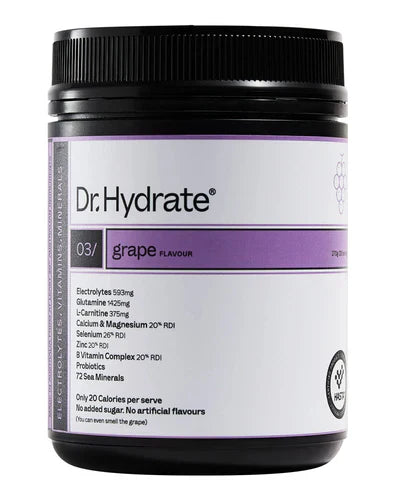 Jar of DR HYDRATE electrolyte powder in grape flavor, showing the DR HYDRATE branding and purple-colored packaging.
