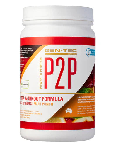 GENTEC P2P flavor in fruit punch, 500ml bottle showing vibrant label and cap, designed for hydration and energy.