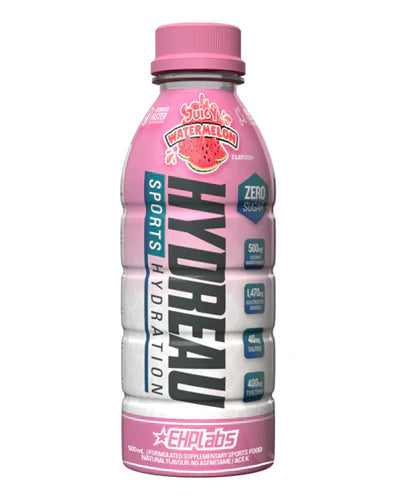 EHP LABS Hydreau RTD Juicy Watermelon flavor in a 500ml bottle with vibrant watermelon branding and clear label design.