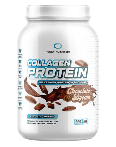 Reset Nutrition Collagen Protein in chocolate flavor, front view of the 900g container showing the label and product packaging.
