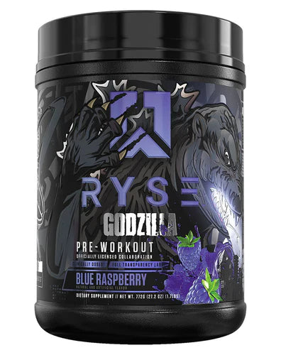 RYSE UP Godzilla Pre-Workout supplement in Blue Raspberry flavor, featuring the product container with label and blue raspberry flavor details.