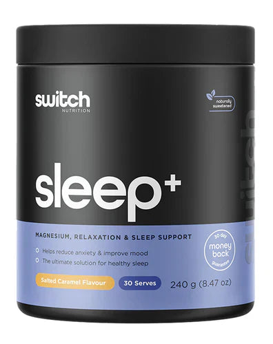 Switch Nutrition Sleep+ salted caramel flavored dietary supplement in a 20-ounce tub, showing the product container and label.