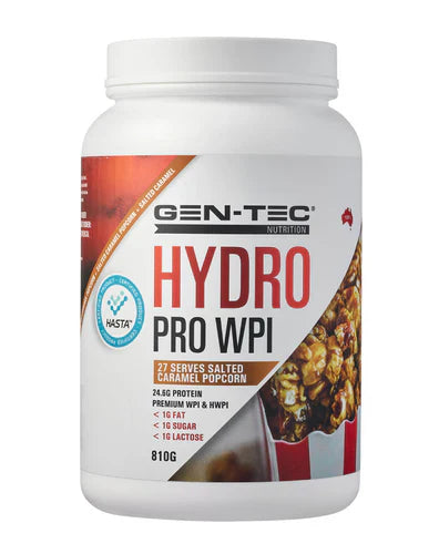 GENTEC GEN-TEC HYDRO PRO WPI salted caramel flavored protein powder in 810g container, showing the product label and packaging.