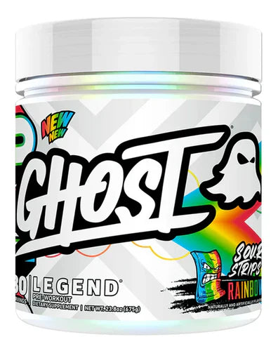 GHOST LEGEND V4 GHOST supplement with rainbow sour strips, colorful packaging and vibrant rainbow-colored strips inside
