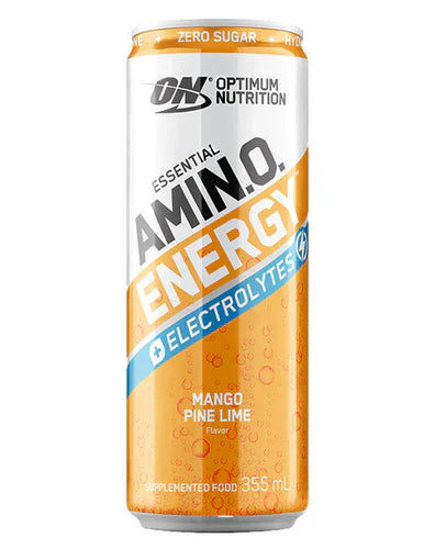 Optimum Nutrition Sparkling Amino Energy drink in Mango Pine Lime flavor, showing a bright, refreshing canned beverage.