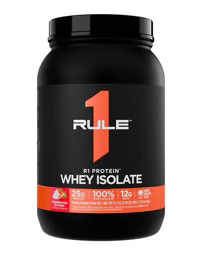 Rule 1 Protein Isolate container with strawberries and crème flavor, 2lb size, featuring the RULE1 brand label and product front view.