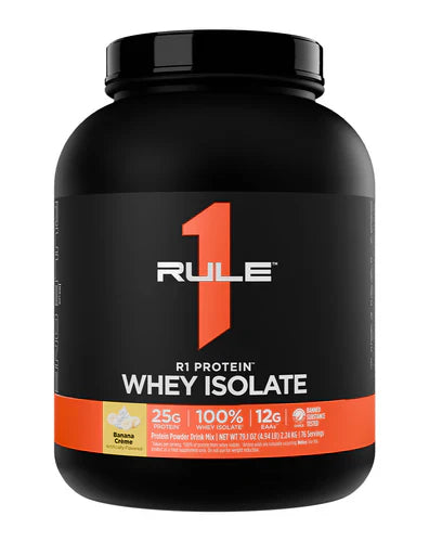 RULE 1 PROTEIN ISOLATE container with banana crème flavor, showing the front label and 5lb size on a black background.