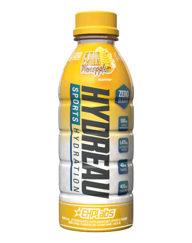 EHP LABS Hydreau RTD Fijian Pineapple flavored ready-to-drink supplement in a sleek bottle with tropical pineapple imagery.