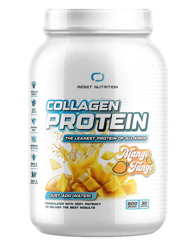 RESET Nutrition Collagen Protein in mango tango flavor, showing the 900g container with mango tango branding.