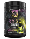 RYSE UP RYSE Godzilla Pre-Workout powder in Blackberry Lemonade flavor, black container with label, 40 servings.