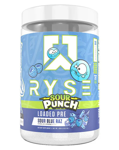 RYSE Loaded Pre workout supplement container with Sour Blue Raz flavor, featuring the RYSE UP brand logo on the label.
