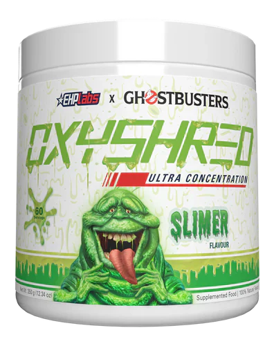 EHP LABS OXYSHRED supplement container with label featuring a ghostbuster-themed design and Slimer character, on a white background.