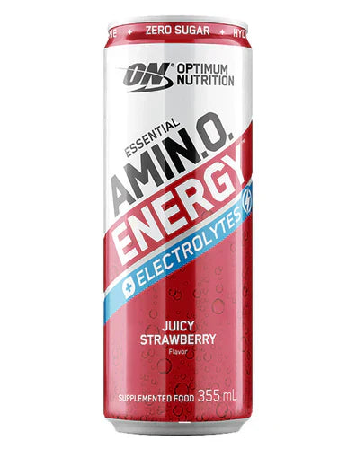 Optimum Nutrition Sparkling Amino Energy drink can with Juicy Strawberry flavor, showing the colorful beverage and branding.