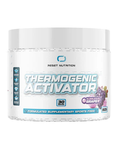 Reset Nutrition Thermogenic Activator supplement in bubblegum grape flavor, displayed in a small container with colorful packaging.