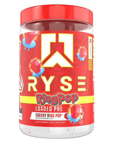 RYSE LOADED PRE workout supplement container with Ring Pop flavor, showing the product label and serving size on a white background.