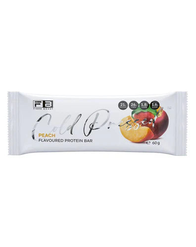 Fibre Boost protein bar with peach flavor, cold-pressed, featuring a textured surface and fresh peach pieces visible in the image.