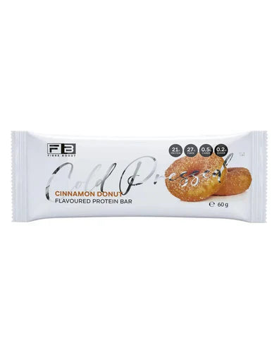 Fibre Boost Protein Bar in Cinnamon Donut flavor, showing the packaged bar with a cinnamon donut design on the wrapper.