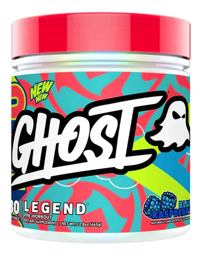 GHOST Legend V4 supplement container with blue raspberry flavor, featuring the GHOST brand logo and vibrant blue design.