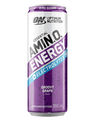 Optimum Nutrition Sparkling Amino Energy drink can in Groovy Grape flavor, featuring a sleek purple and silver design on a white background.