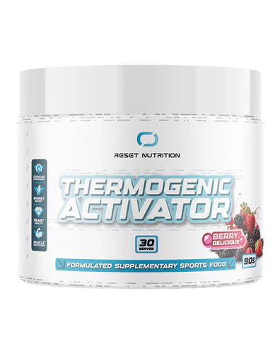 Reset Nutrition Thermogenic Activator in berry flavor, showing a close-up of the supplement powder packet with vibrant berry imagery.