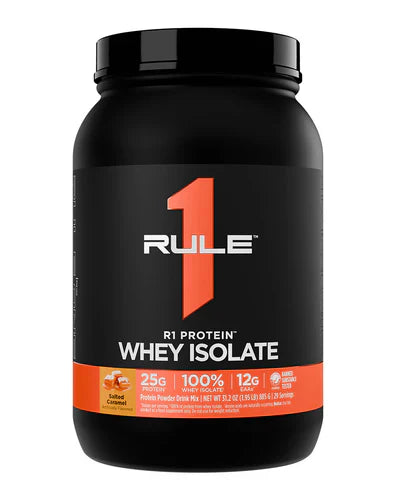 Rule 1 Protein Isolate in salted caramel flavor, 2lb container, front view showing the product label and packaging design.