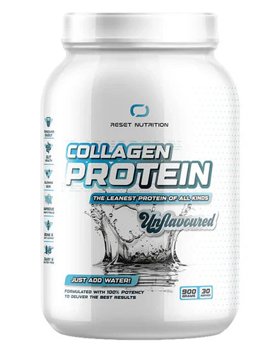 Unflavored Reset Nutrition Collagen Protein powder in a 900g container, with scoop and label visible on a neutral background.