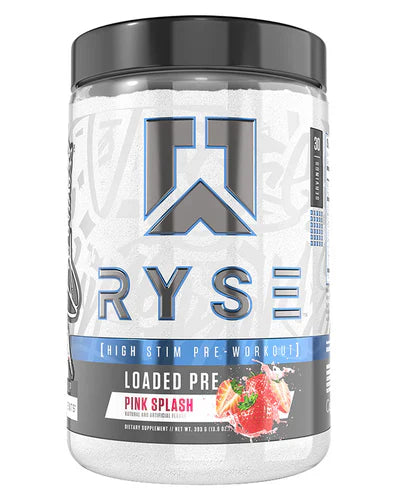 RYSE LOADED PRE supplement container with pink splash design, featuring RYSE UP branding and 30-serving label on a black background.