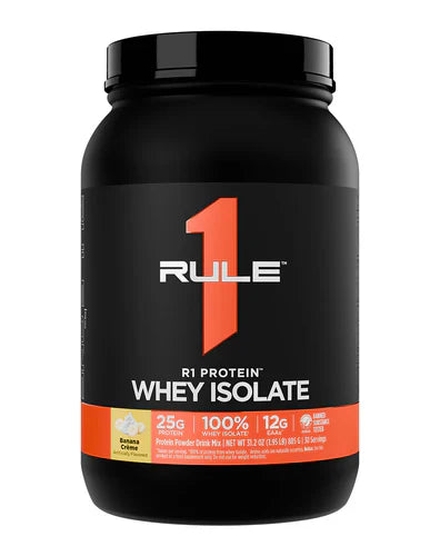 Rule 1 Protein Isolate container with banana creme flavor, showing the front label and 2lb size of this fitness supplement.