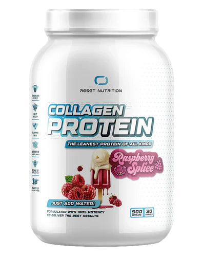 Reset Nutrition Collagen Protein in raspberry flavor, showing the powder in a container with fresh raspberries and a scoop.