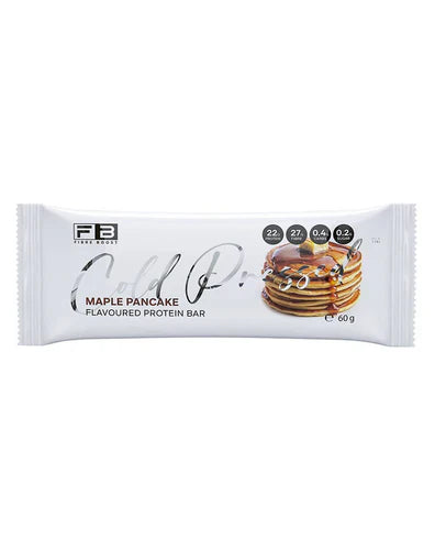Fibre Boost Protein Bar with maple pancake flavor, cold-pressed for a nutritious snack, showing the bar with maple syrup drizzle