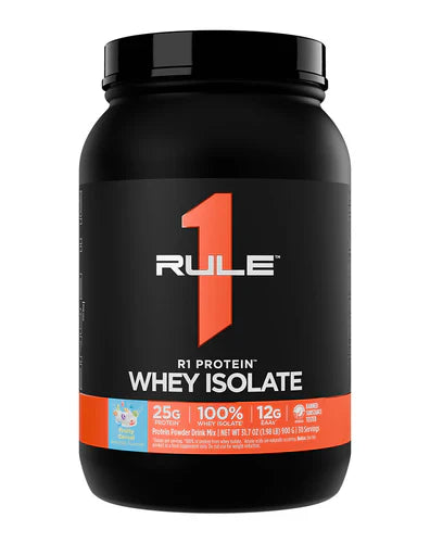 RULE 1 PROTEIN ISOLATE container with fruity cereal flavor, showing the front label and product branding on a 2lb package.