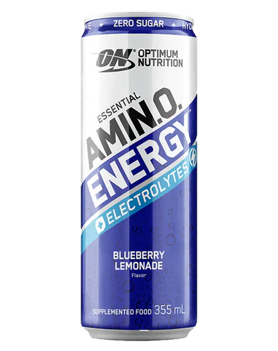 Optimum Nutrition Sparkling Amino Energy drink in Blueberry Lemonade flavor, featuring a sleek blue can with fresh fruit imagery.