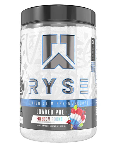 RYSE Loaded Pre workout supplement container with Freedom Rocks flavor, featuring vibrant label design and branding.