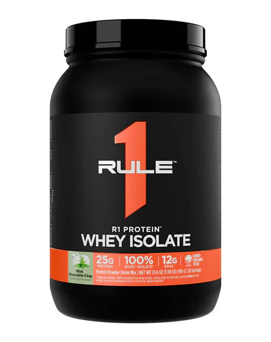 RULE 1 PROTEIN ISOLATE container with mint chocolate chip flavor, showing the front label of the RULE1 protein supplement.