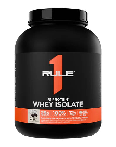 RULE 1 PROTEIN ISOLATE container with Cookies and Creme flavor, showing the front label in a 5lb package.