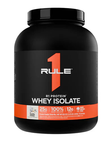 RULE 1 PROTEIN ISOLATE vanilla creme flavor in 5lb container, featuring the RULE1 brand label and product packaging.