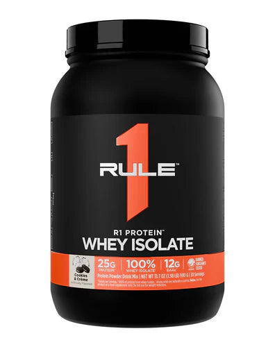 RULE 1 Protein Isolate container with Cookies and Creme flavor, featuring a clean label design and product branding.