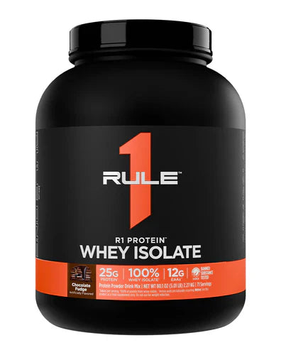 Rule 1 Protein Isolate container with chocolate fudge flavor, front view showing product label and packaging details.